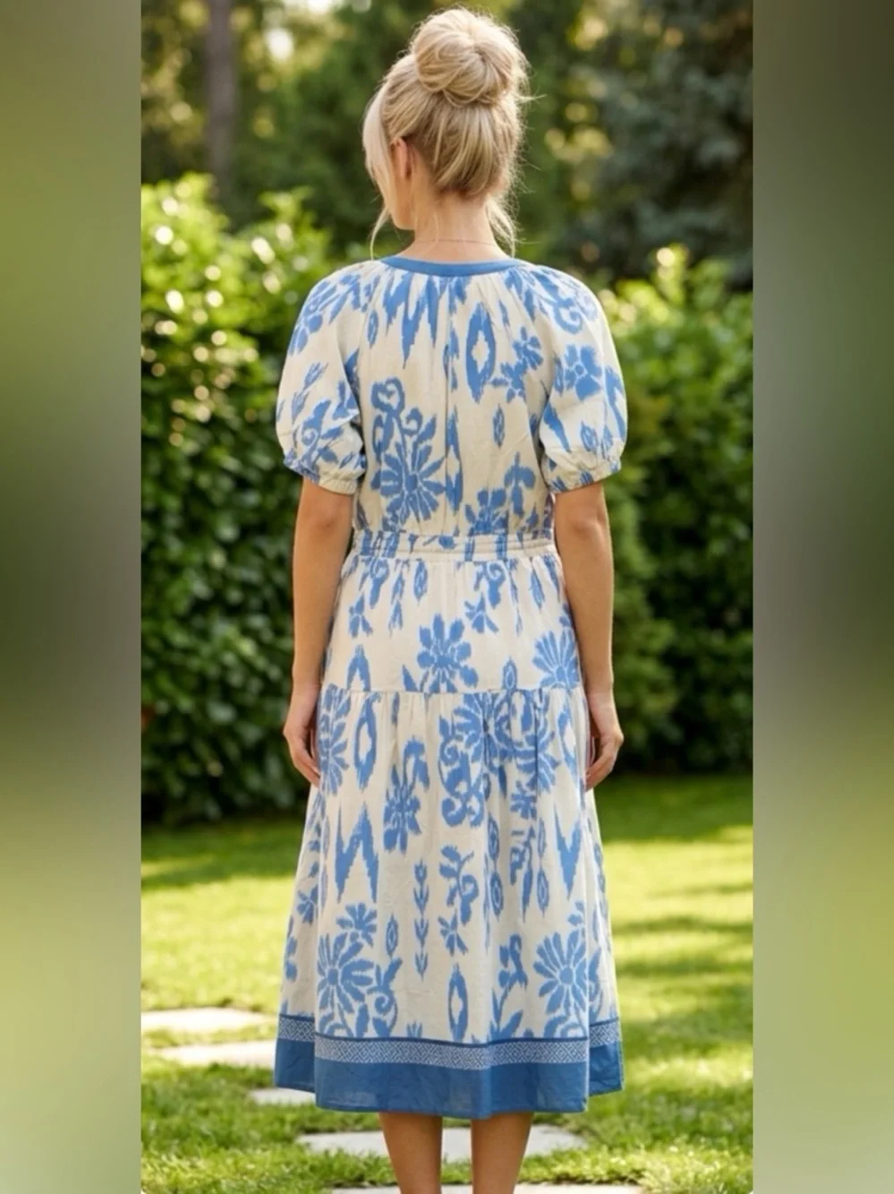 Pinch Cream Midi Dress with Blue Floral Print women’s size large net - Picture 2 of 4